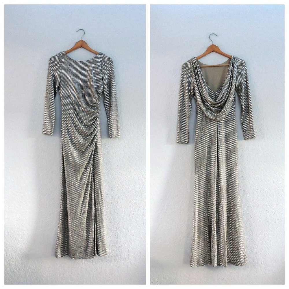 Eliza J gorgeous gown dress silver beige metallic drape back ruched side
